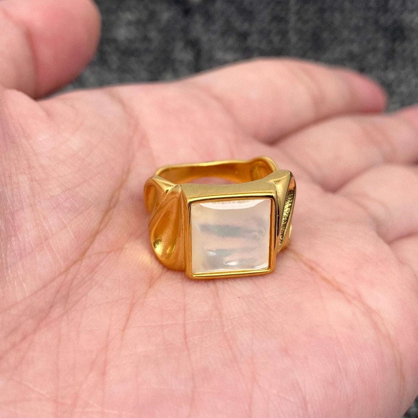 Inlaid Shell Square 18K Gold Plated Stainless Steel Ring
