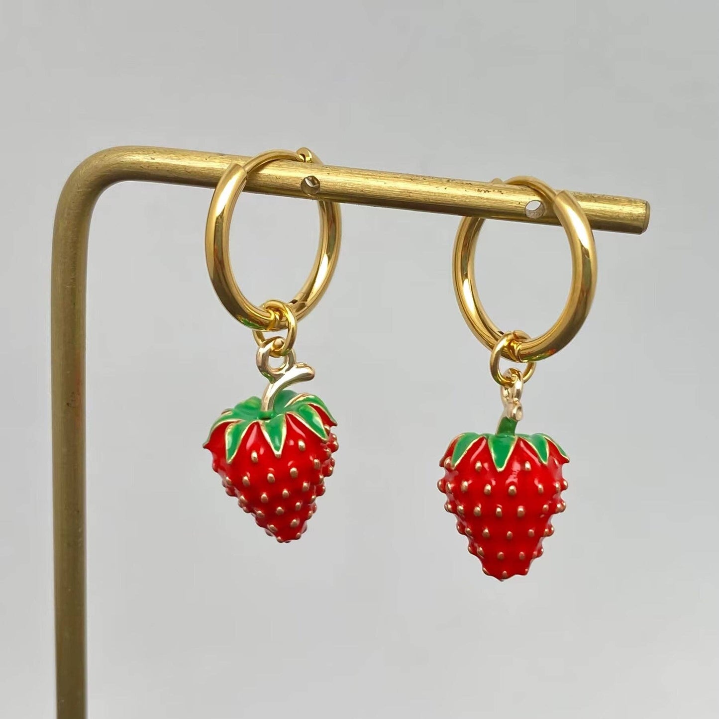 Strawberry Charm 18K Gold Plated SS Huggie Earrings