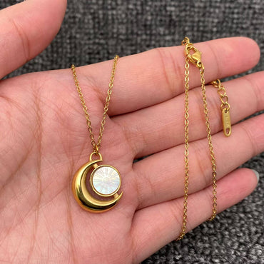 Inlaid Shell 18K Golden S.Steel Moon Charm Necklace