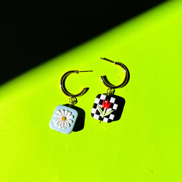 Handmade Flower Polymer Clay Reversibe Hoop Earrings