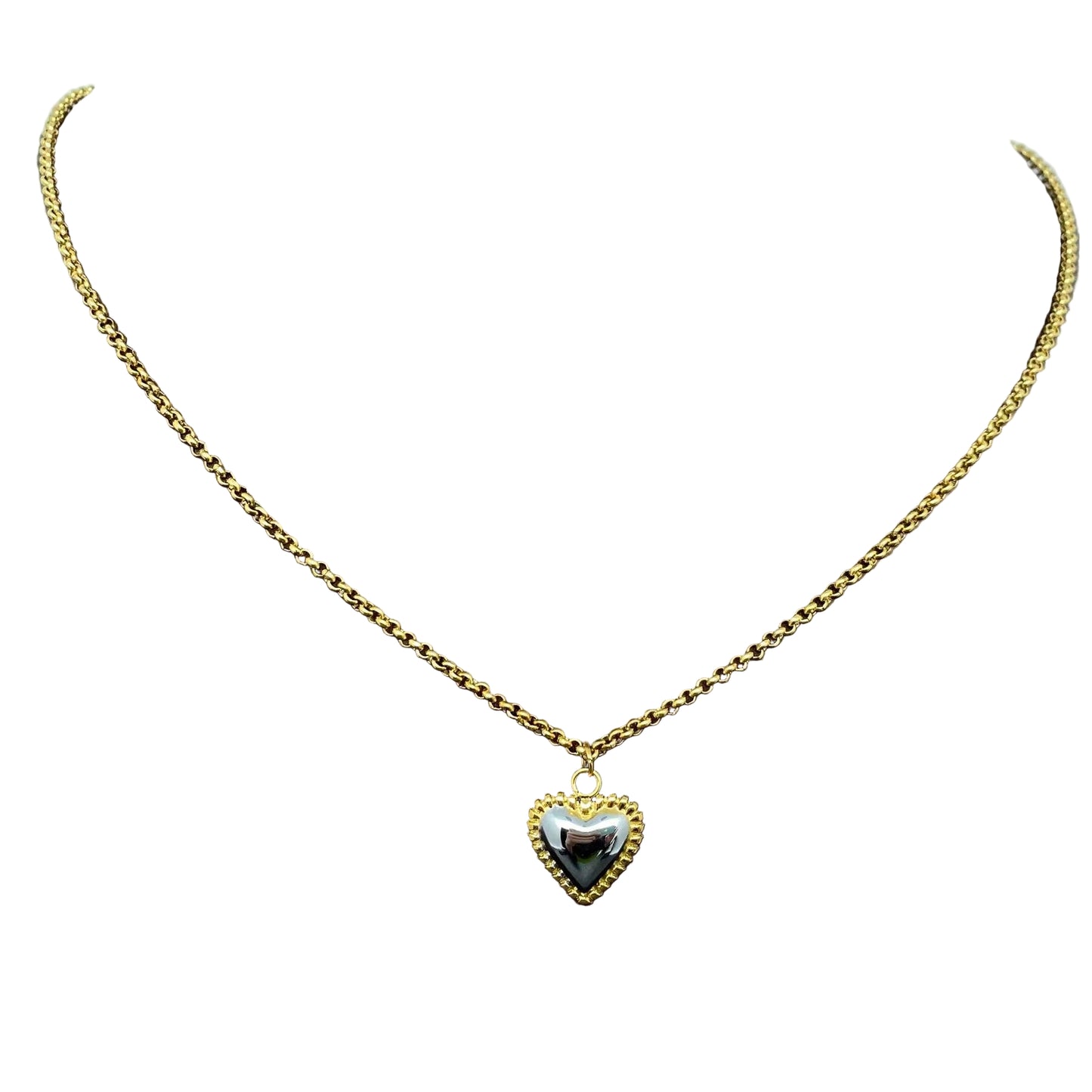 Glossy Two-Tone Heart Charm 18K Gold Plated SS Necklace