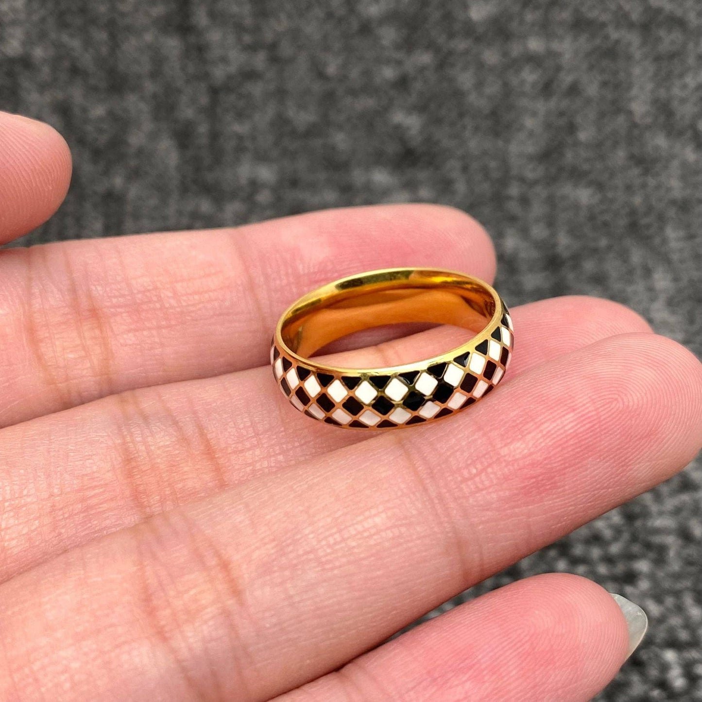 Enamel Black and White Grid 18K Gold Plated SS Ring