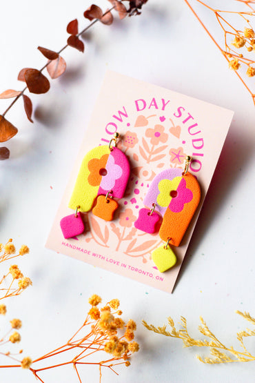 Retro Spring Multicolored Flower Dangles Pink Orange Yellow