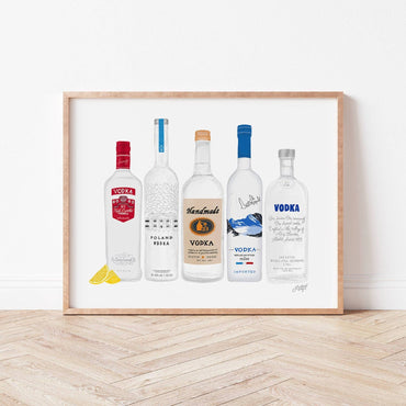 Illustrated vodka bottles print perfect gift for cocktail enthusiasts