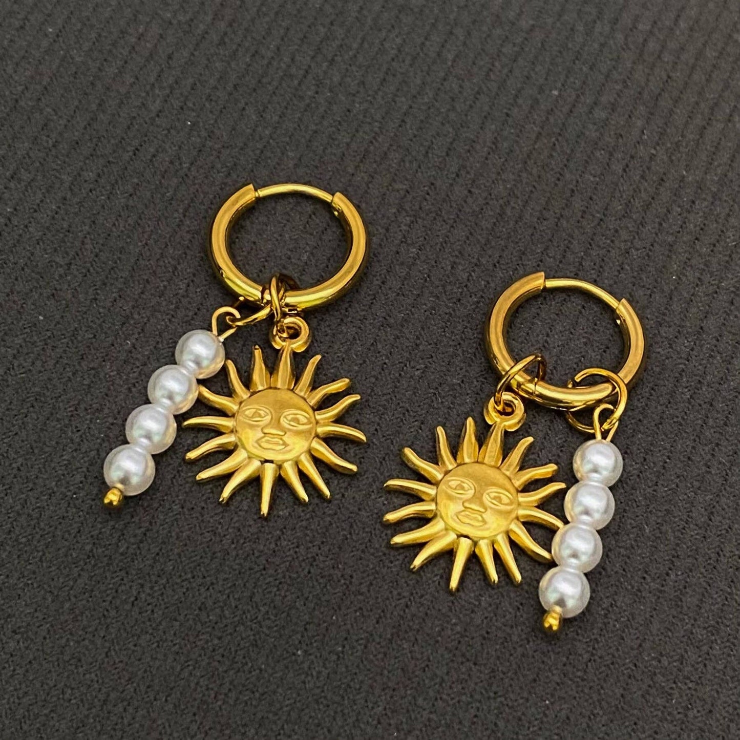 Pearl & 18K Gold Plated S.Steel Sun Huggie Earrings