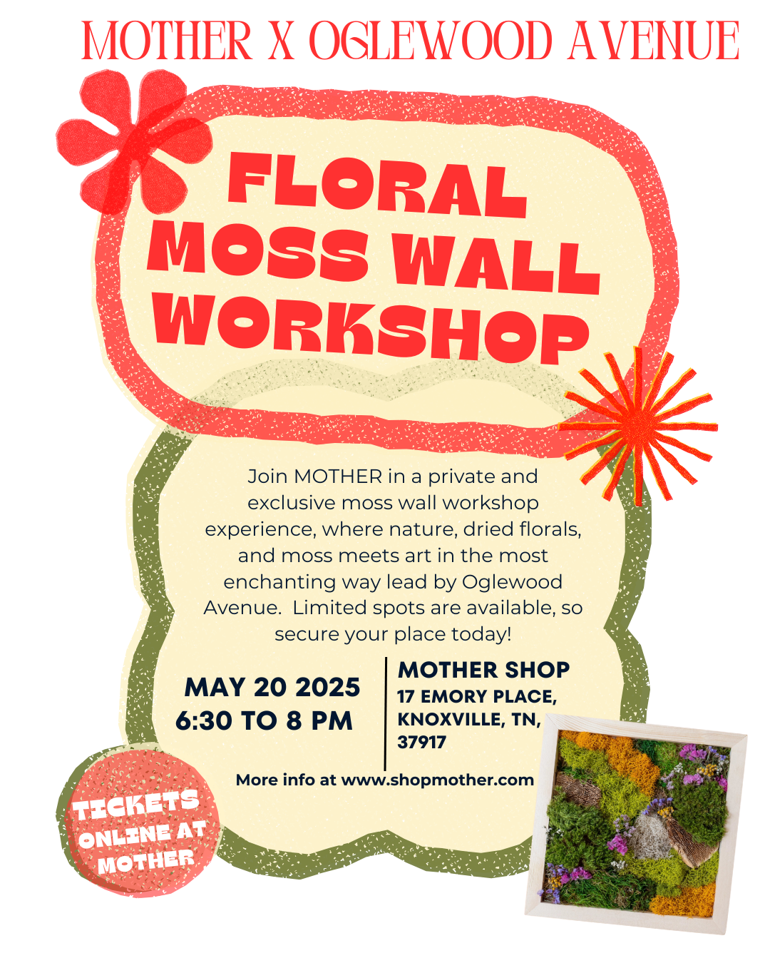 Dried Floral Moss Wall Workshop on May 30th