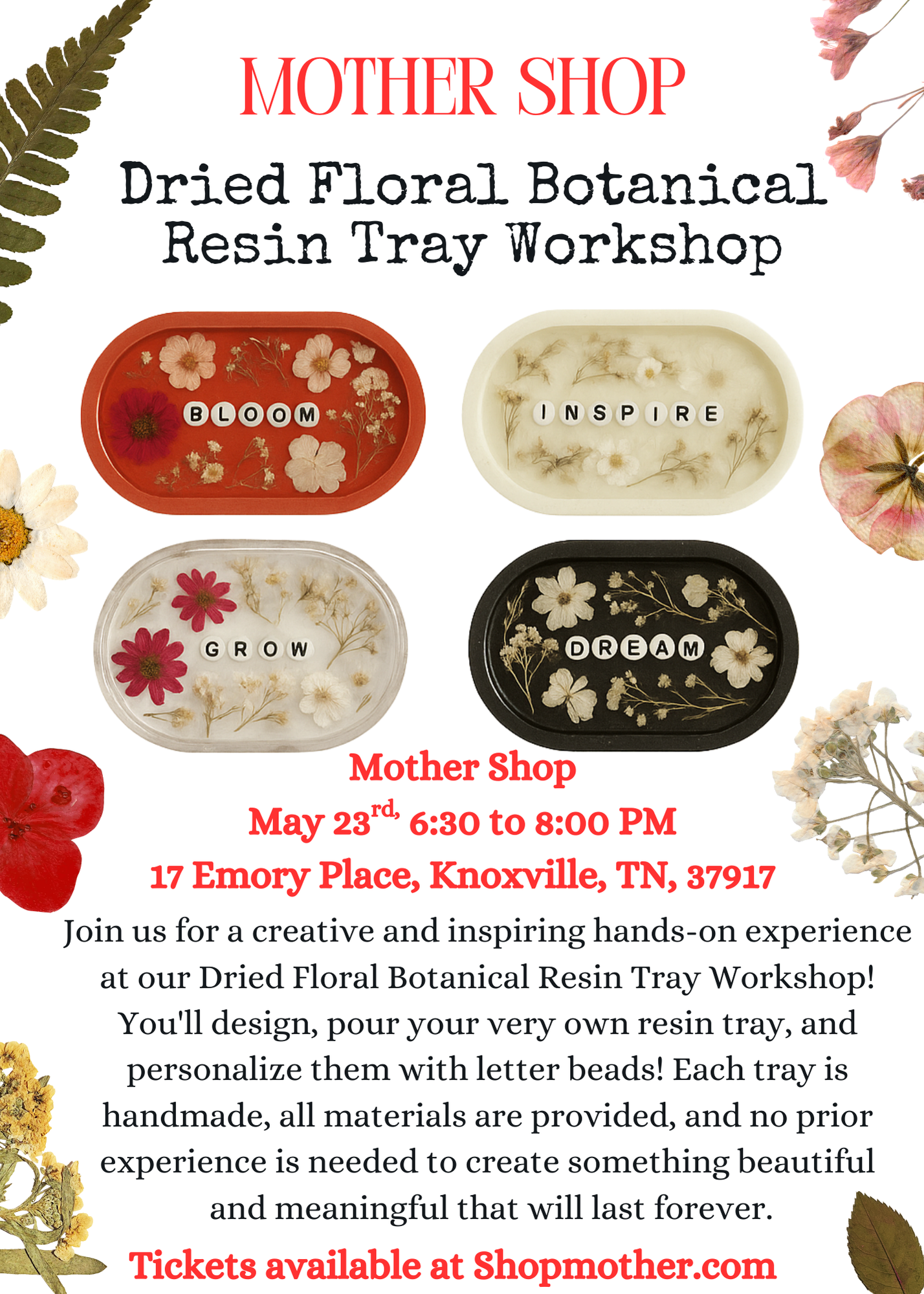 Dried Floral Botanical Resin Tray Workshop on May 23rd