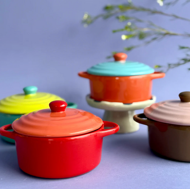 Small batch stoneware baking dish with colorful two tone design