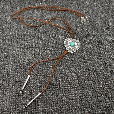 Turquoise Heart Charm Leather Rope Lariat Necklace