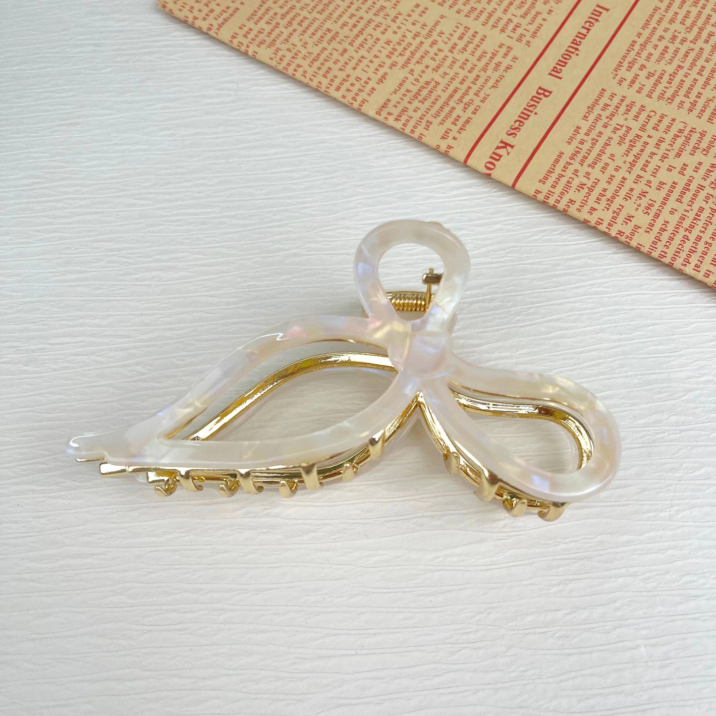 White bow hair clips gold metal claw clip