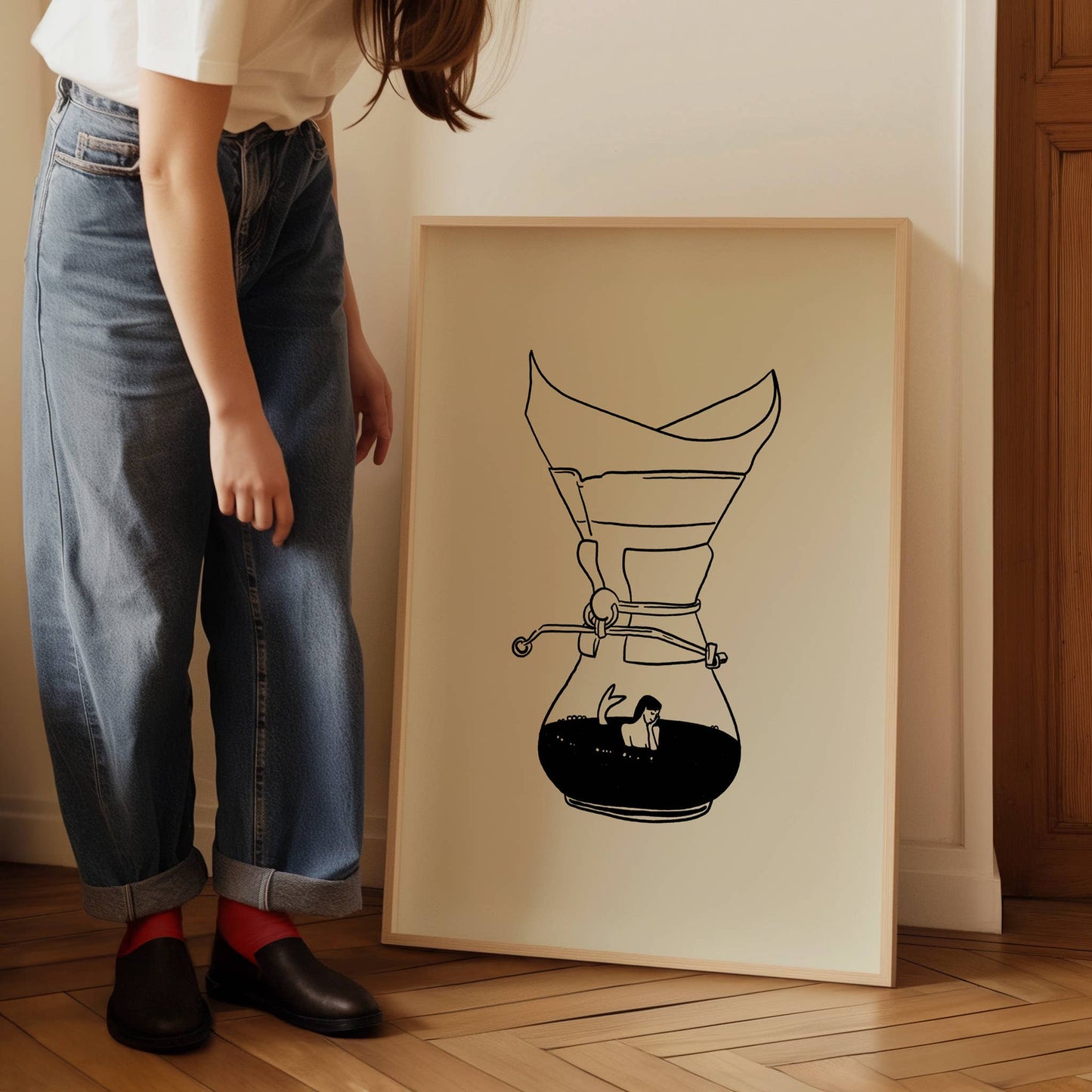 Pour Over Coffee & Mermaid Minimal Art Print