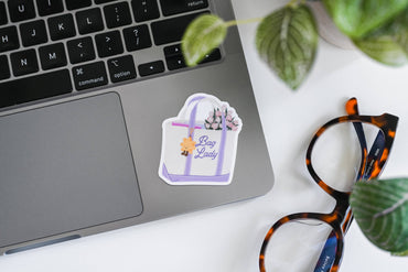 Whimsical tote bag and floral design vinyl sticker