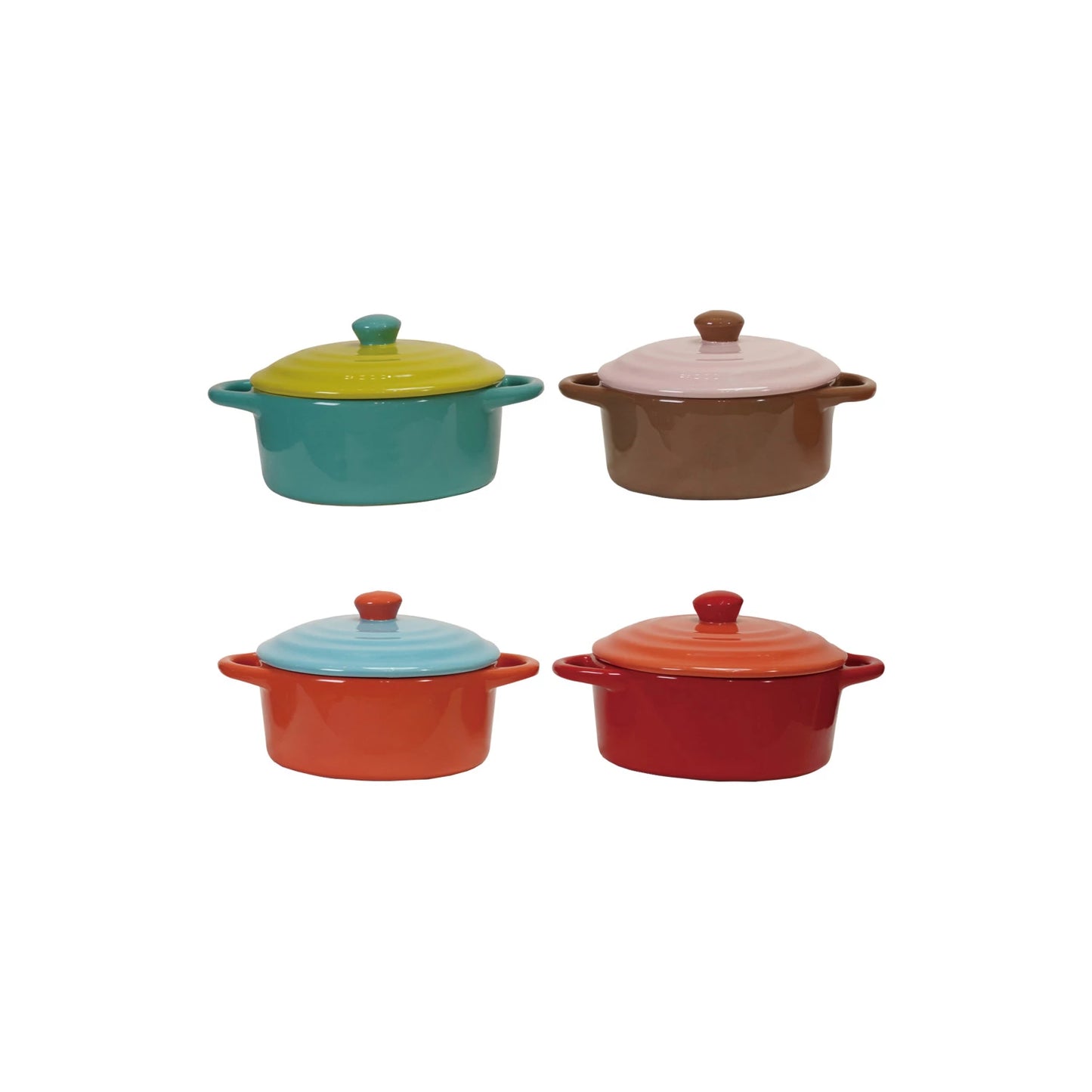 Two-tone 1-1/3 cup stoneware baker with lid, blue, brown, orange, red gift shop