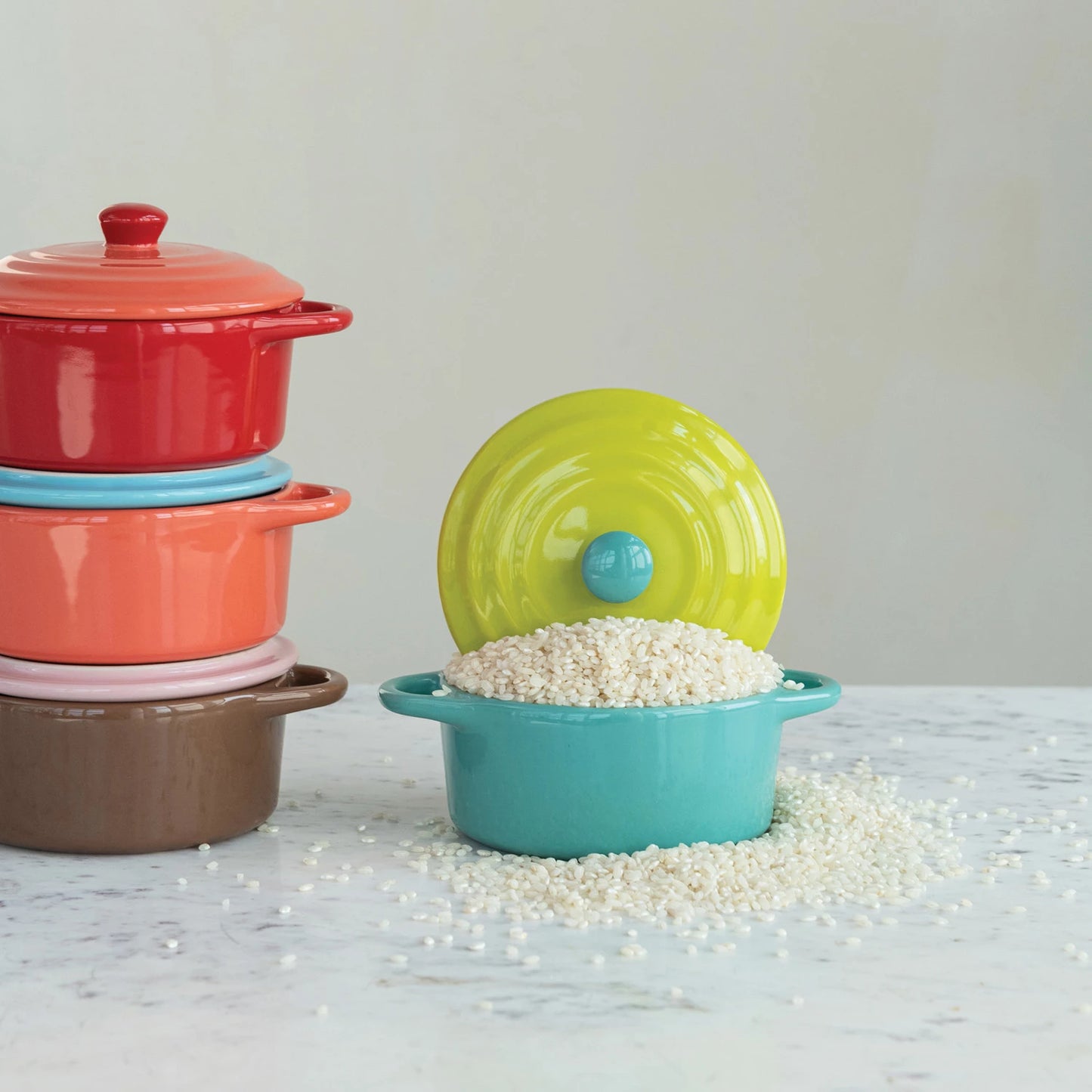 Stoneware baker with playful colors, perfect for gifting