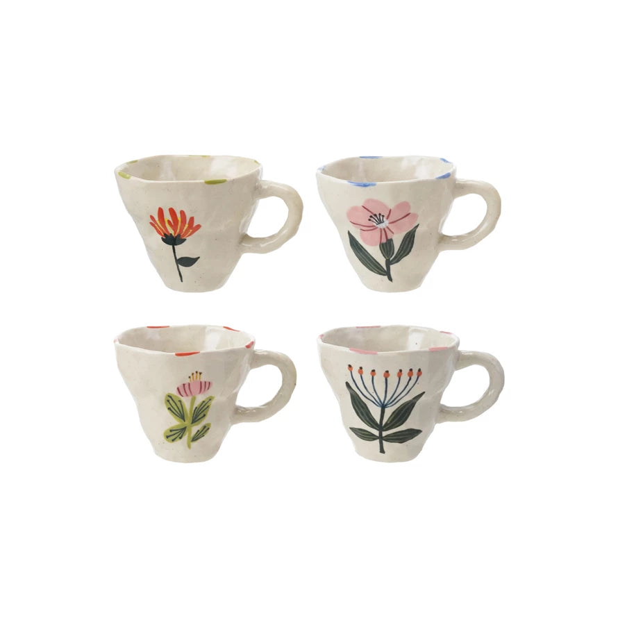 Hand Painted Stoneware Mug with Flower Image 10 oz, 4 Styles