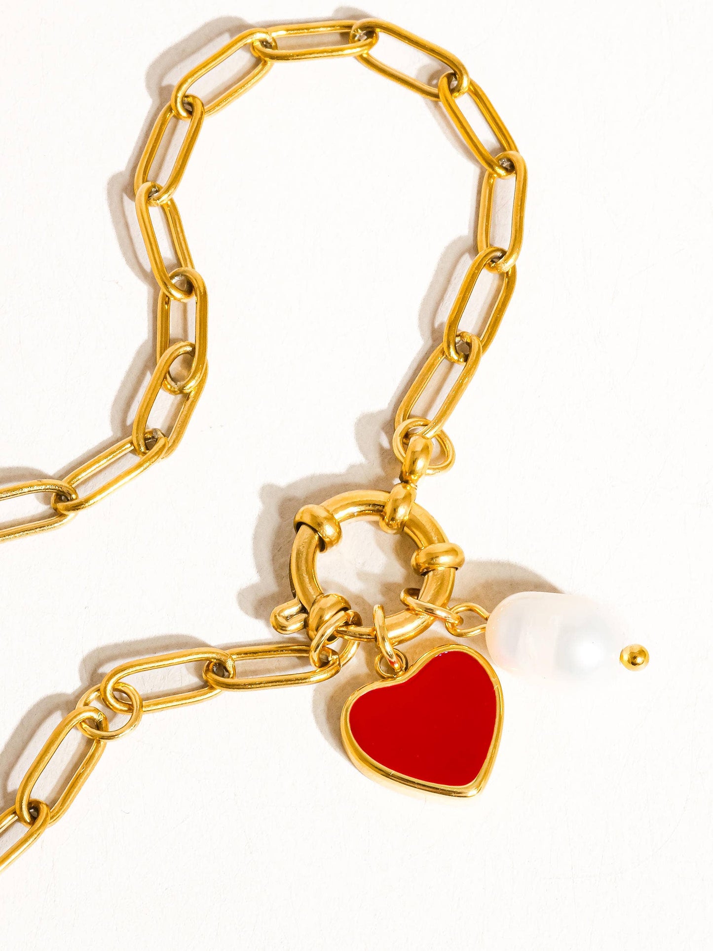 Eulalie 18K Gold Non Tarnish Heart Pearl Chain Bracelet