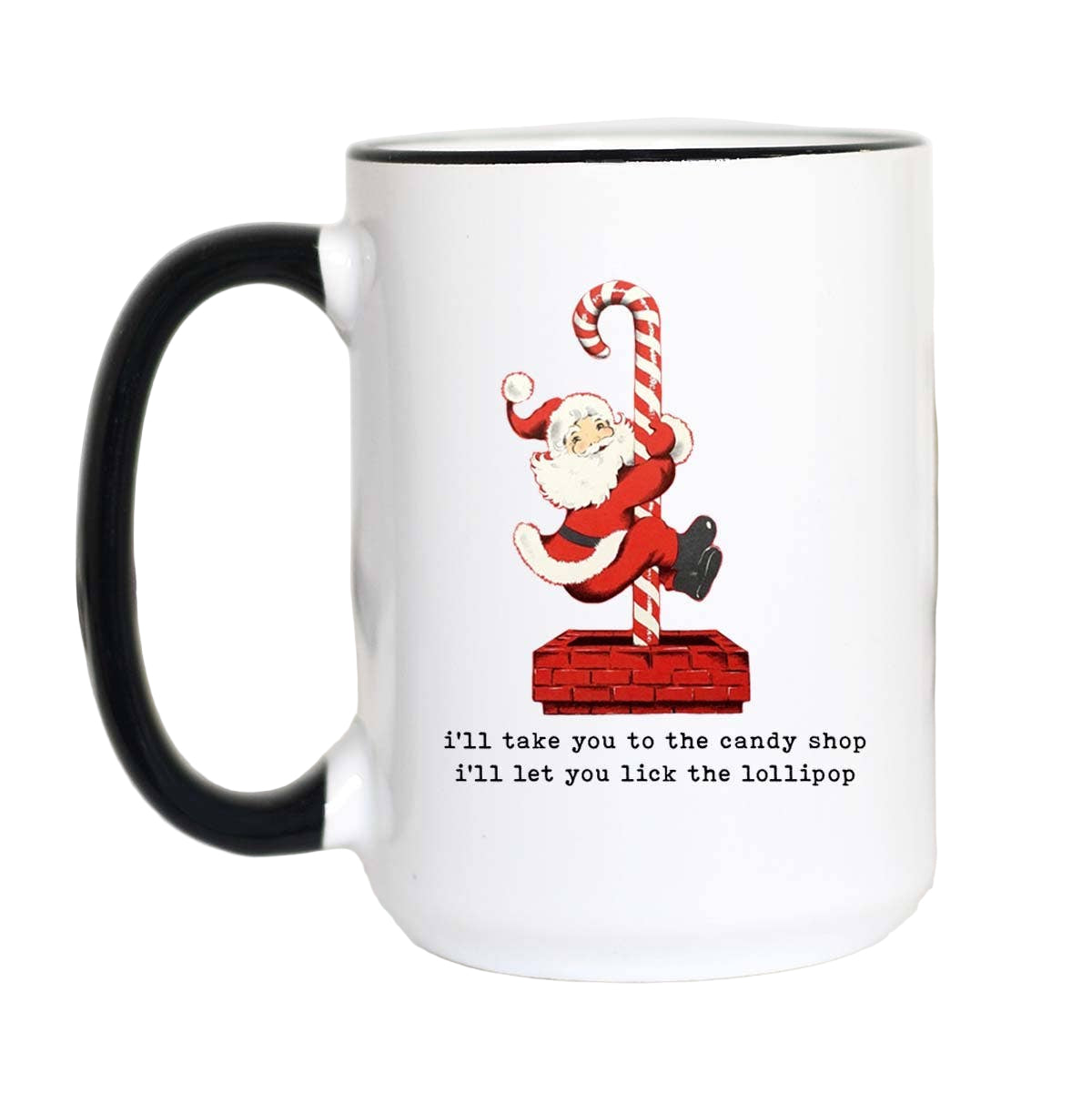 White mug with black handle featuring a Christmas design of Santa Claus and candy cane, text on a white background gift store knoxville