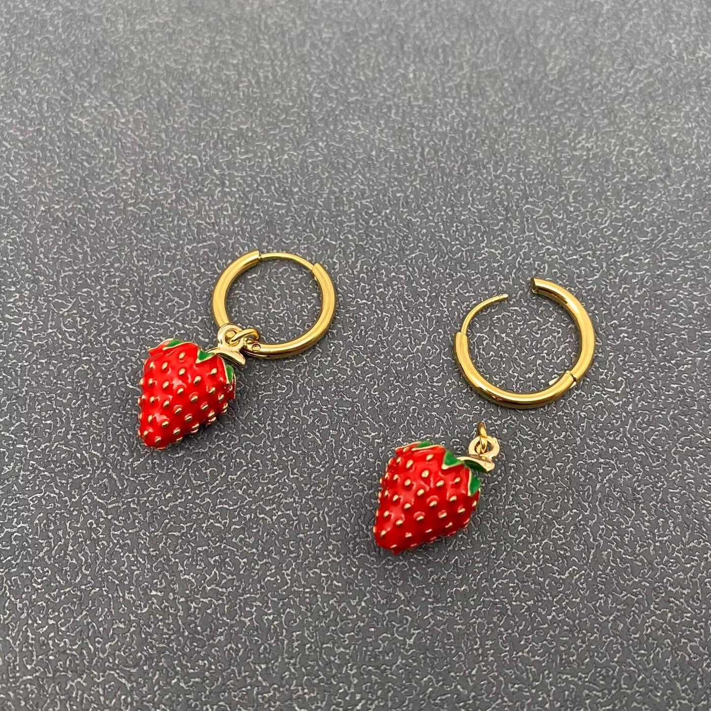 Strawberry Charm 18K Gold Plated SS Huggie Earrings