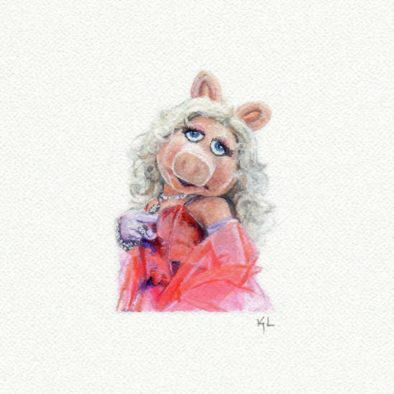 Miniature watercolor art print of Miss Piggy from The Muppets – perfect gift for pop culture fans