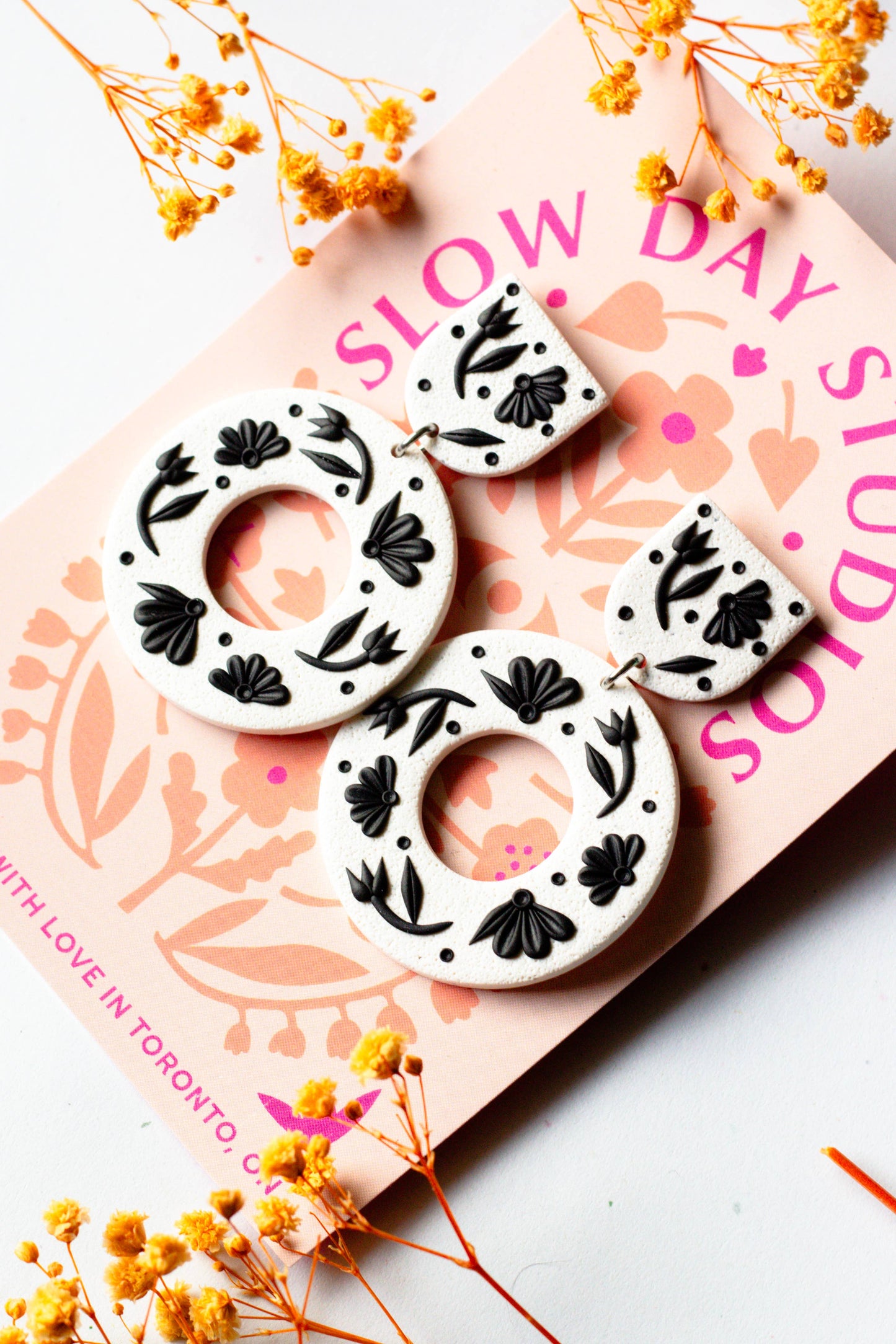 Polymer Clay Floral Wreath Dangle in Black and White