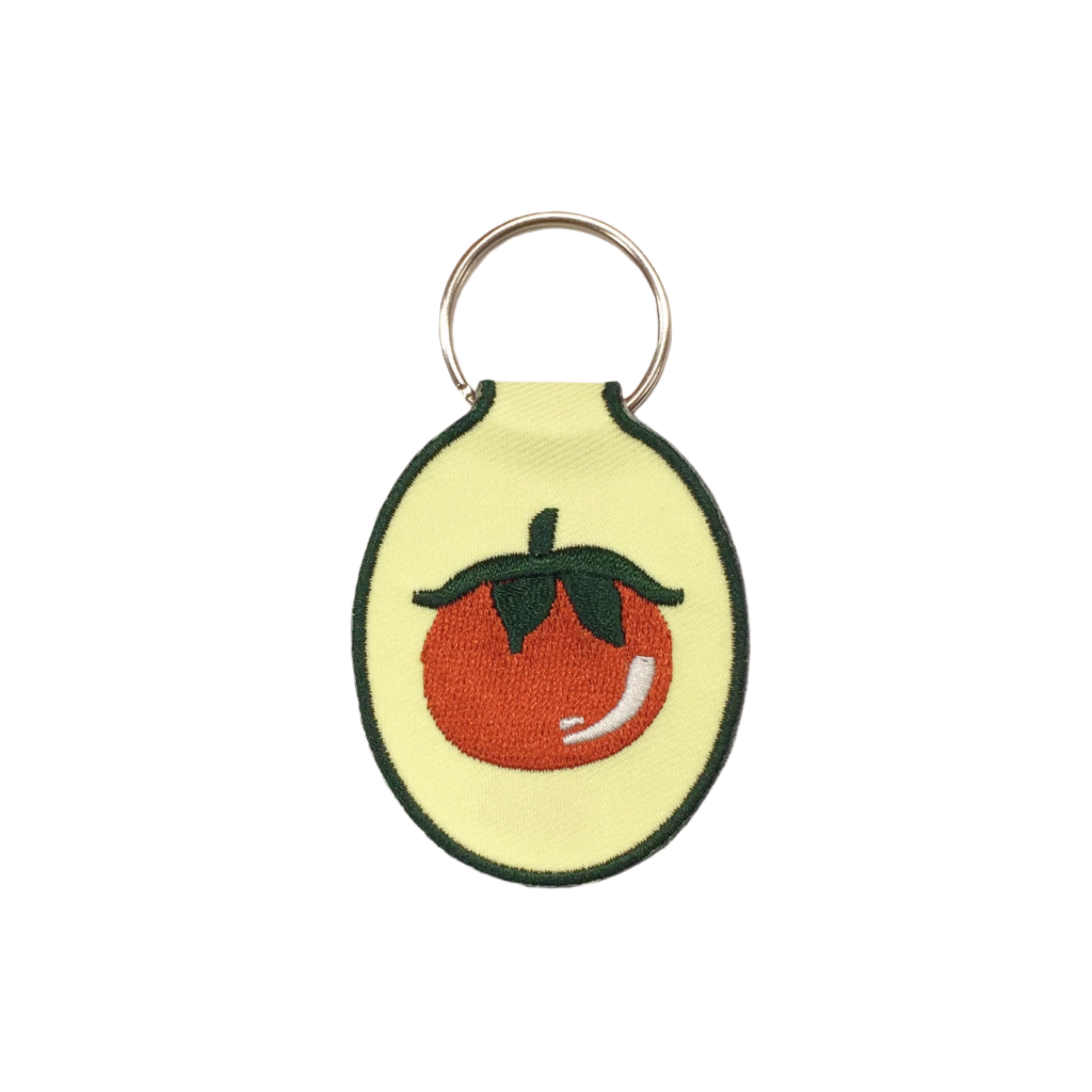 Double sided tomato embroidered keychain on yellow cotton twill

