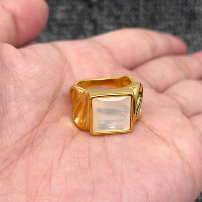 Inlaid Shell Square 18K Gold Plated Stainless Steel Ring