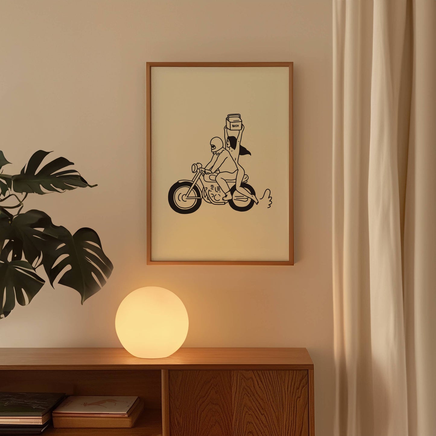 Modern retro motorcycle wall art for beer enthusiasts gift shop