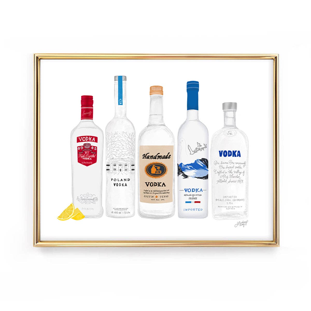 Vodka bottles art print  hand drawn bar cart decor for vodka lovers