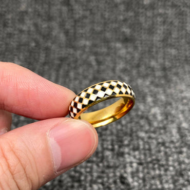Enamel Black and White Grid 18K Gold Plated SS Ring