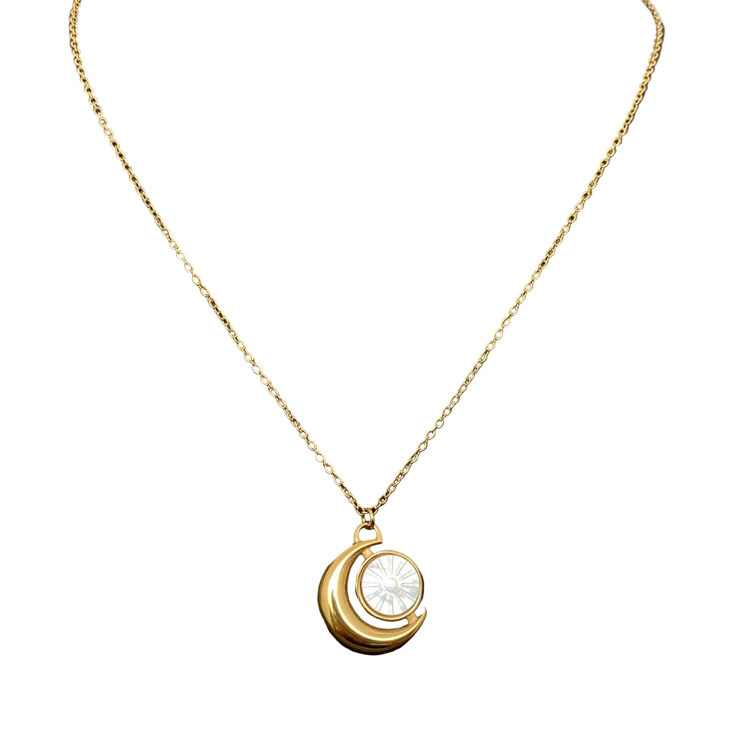 Inlaid Shell 18K Golden S.Steel Moon Charm Necklace