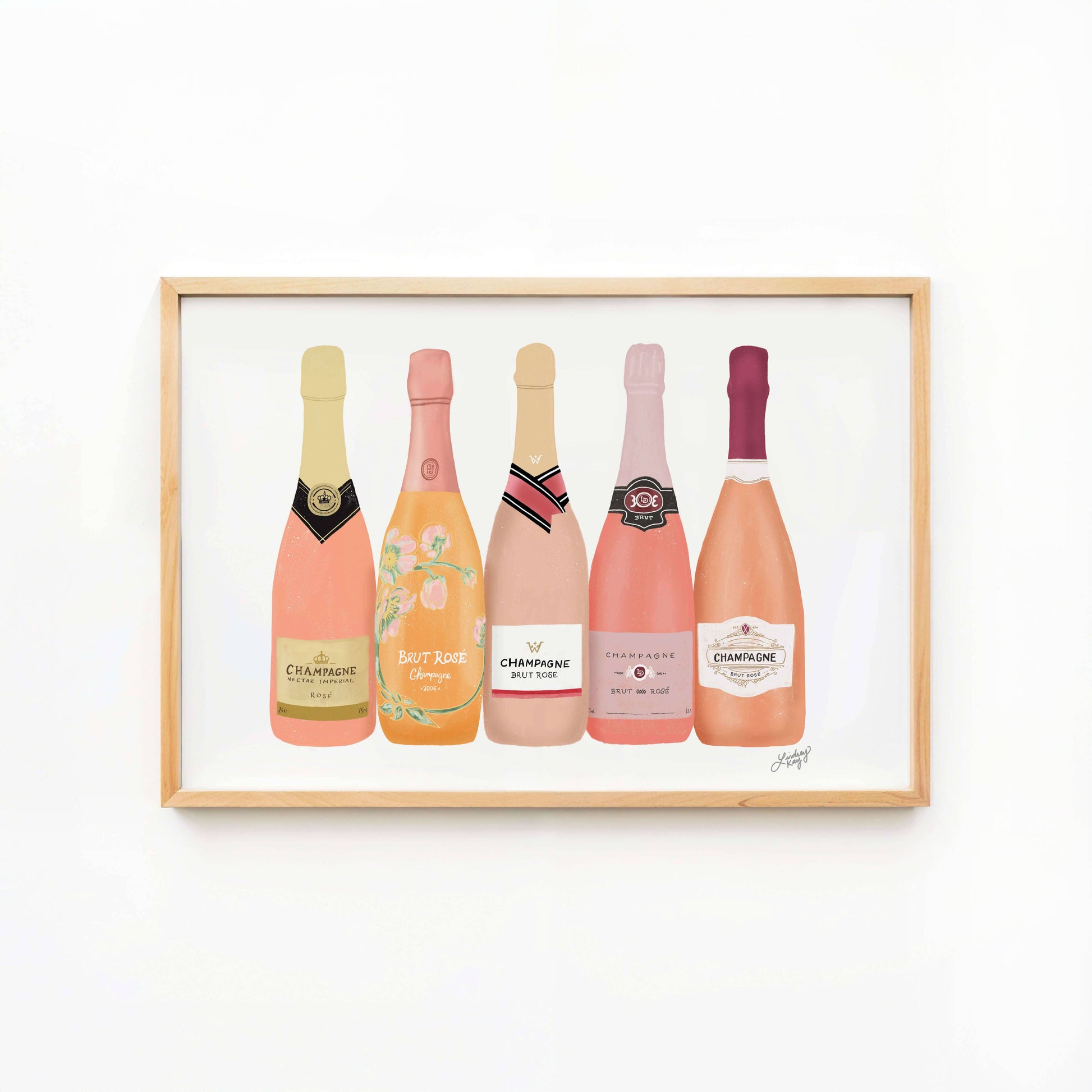 Rosé Champagne Bottles Art Print  hand illustrated in pink tones