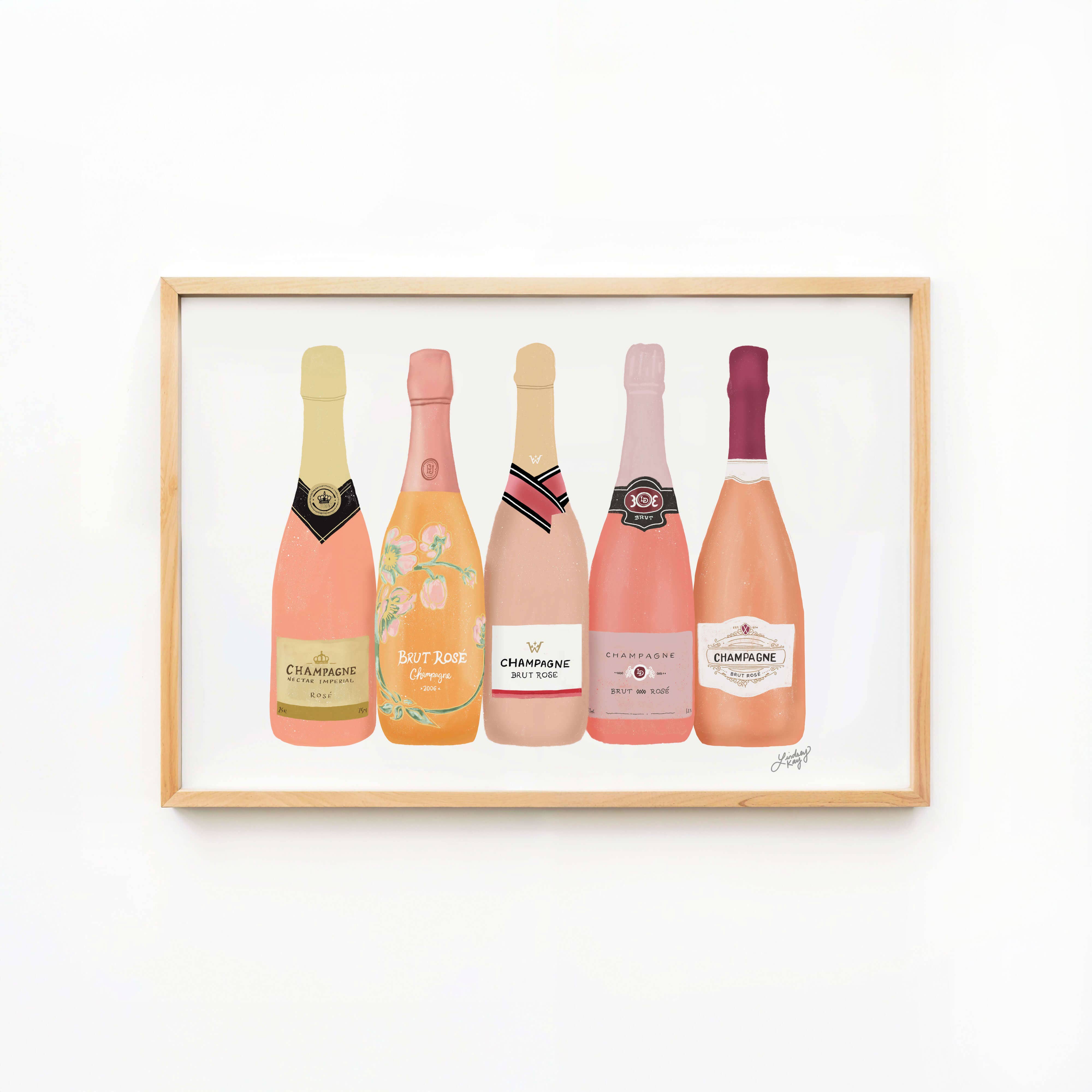 Rosé Champagne Bottles Art Print  hand illustrated in pink tones