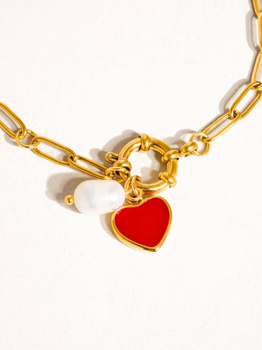 Eulalie 18K Gold Non Tarnish Heart Pearl Chain Bracelet
