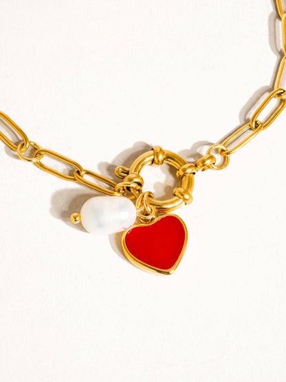 Eulalie 18K Gold Non Tarnish Heart Pearl Chain Bracelet