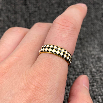 Enamel Black and White Grid 18K Gold Plated SS Ring
