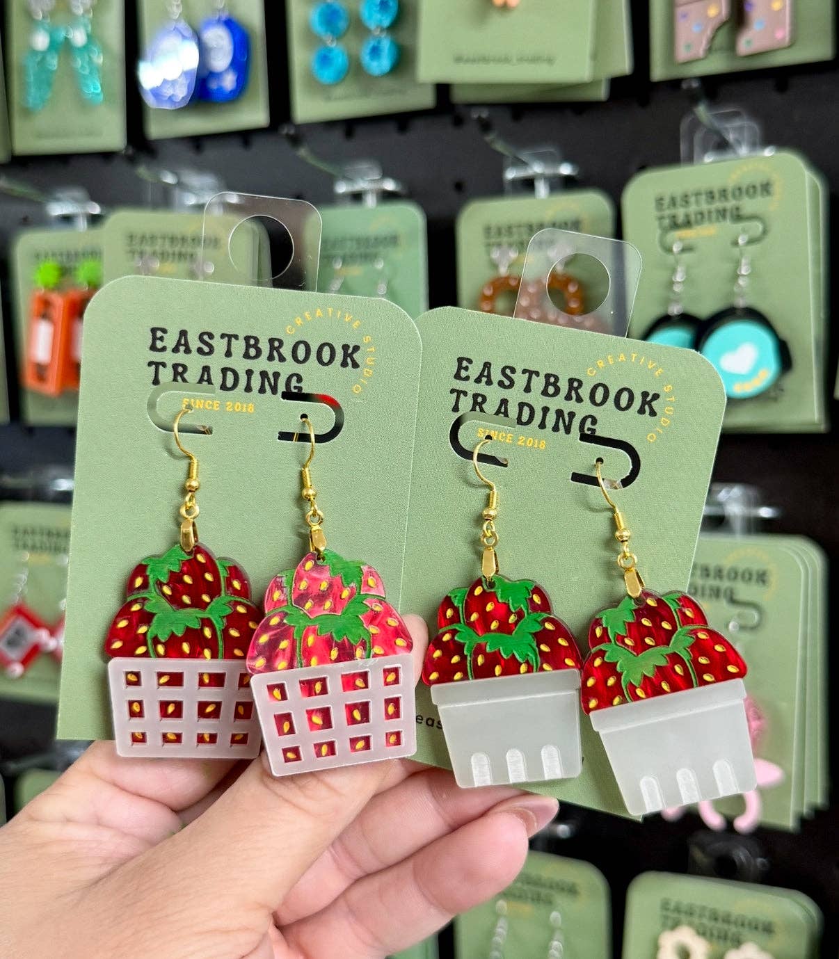 Mini strawberry basket earrings with UV-reactive acrylic