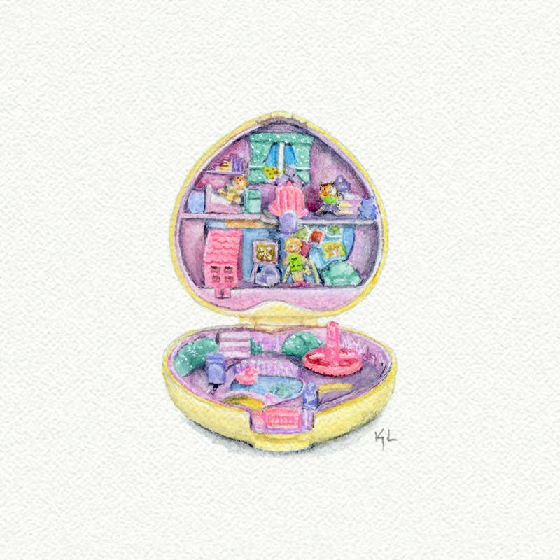 Miniature watercolor art print of vintage Polly Pocket – perfect nostalgic gift for collectors