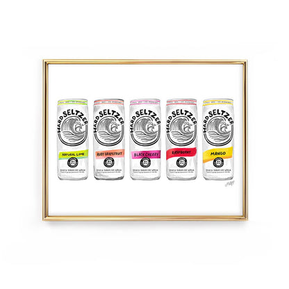 Hand drawn hard seltzer art print featuring White Claw style cans for gifting