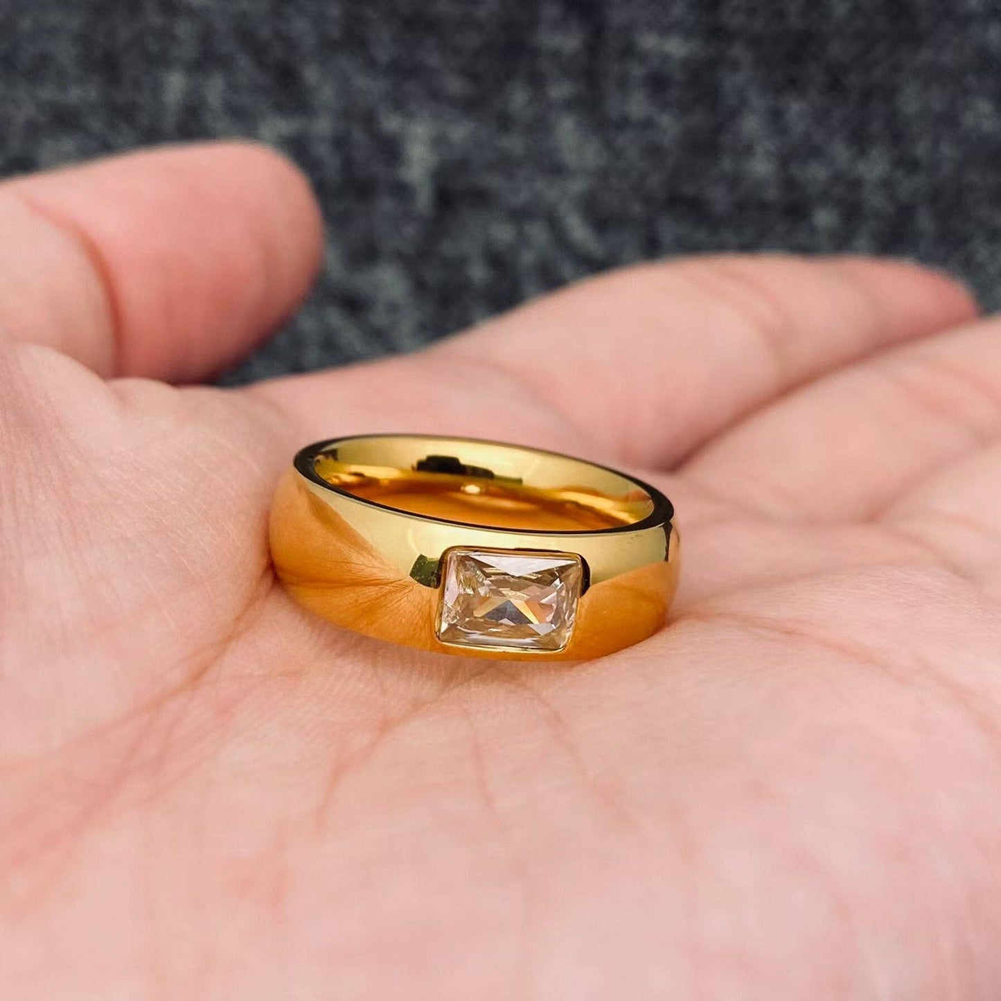 White Zircon 18K Gold Plated Stainless Steel Glossy Ring