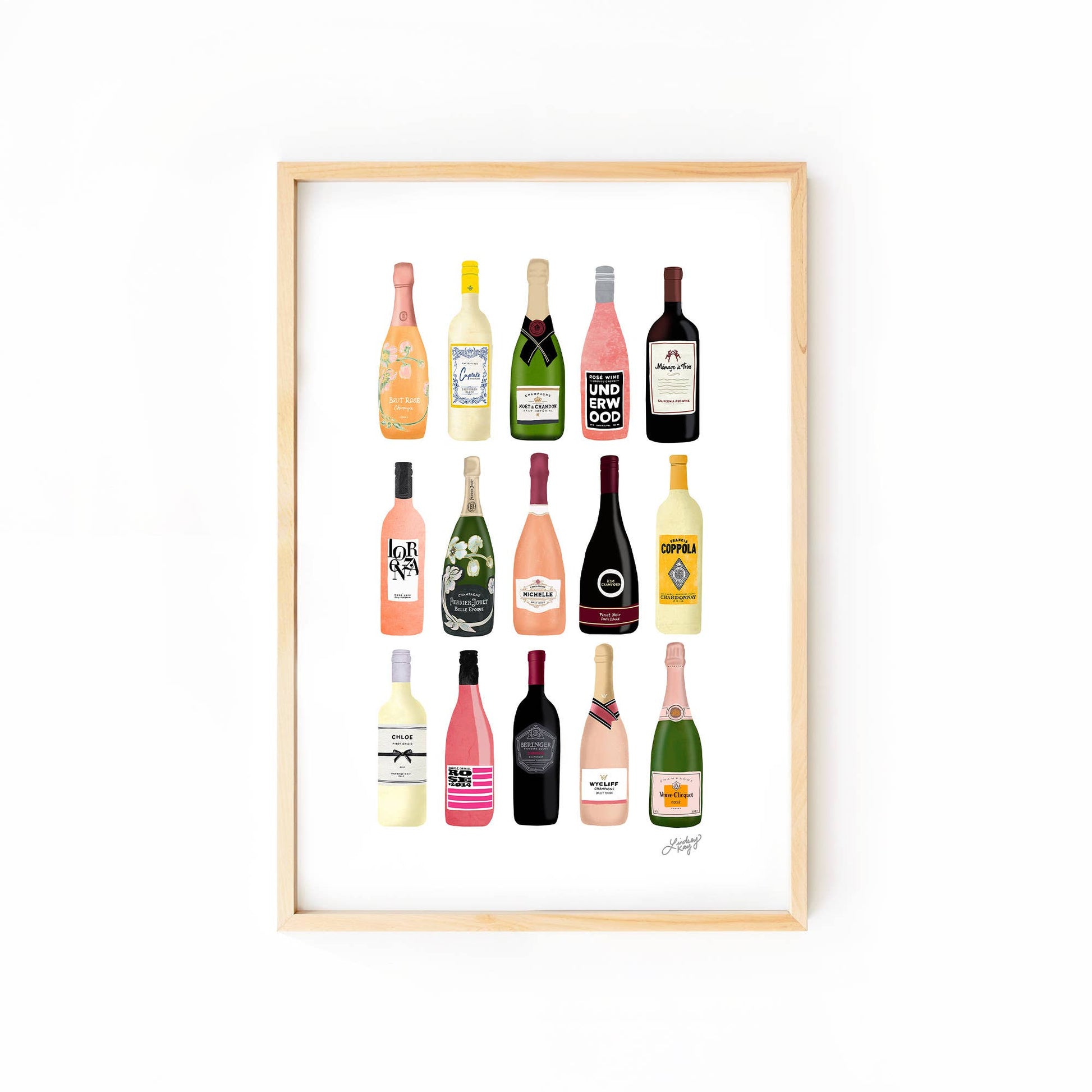 Wine and champagne bottle art print 8x10 bar cart wall decor