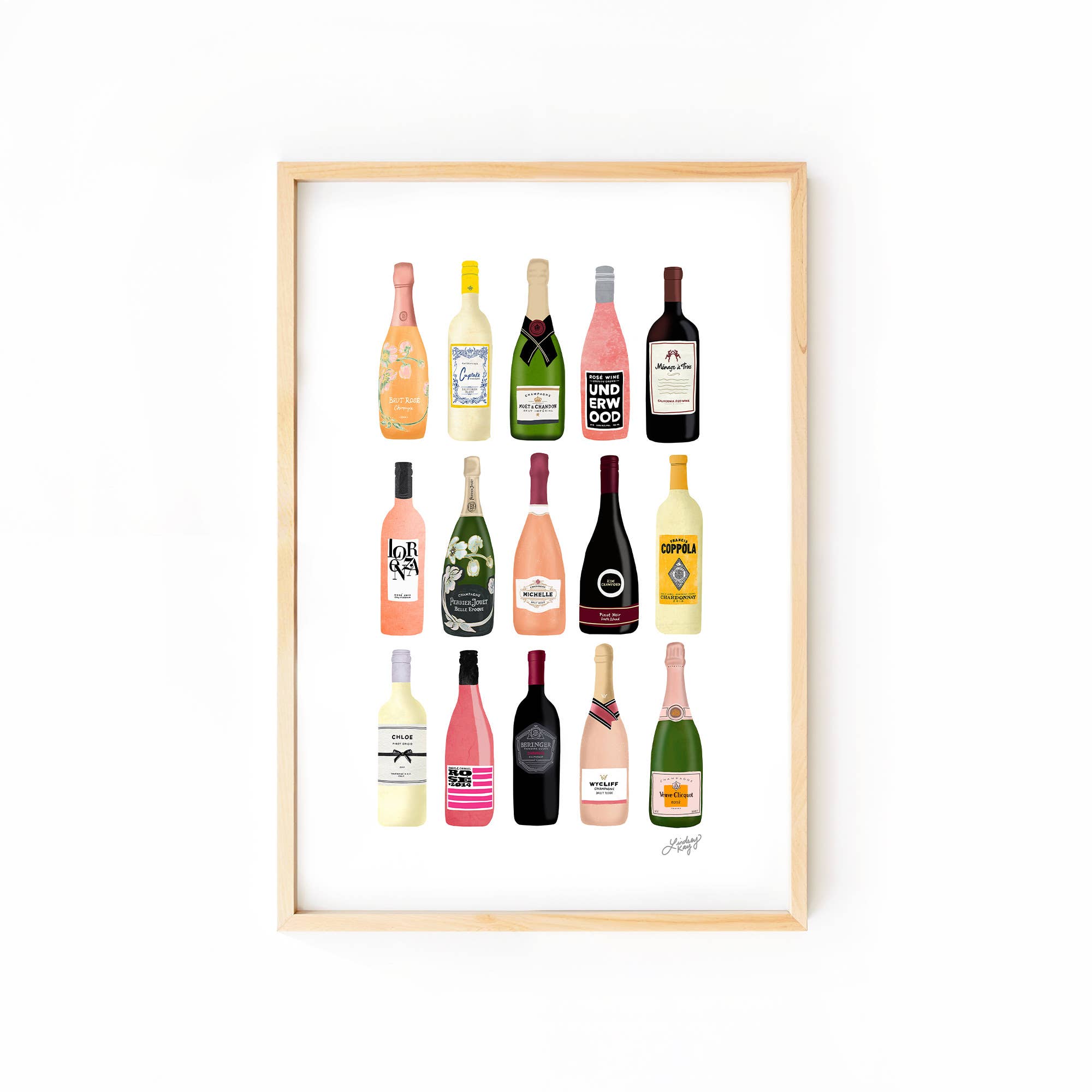 Wine and champagne bottle art print 8x10 bar cart wall decor