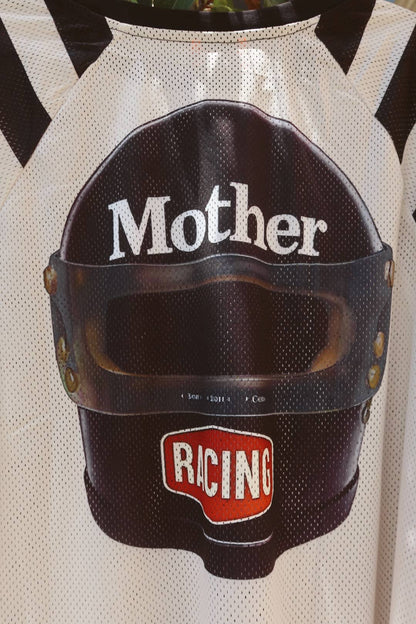 Oversized mesh racing jersey with bold black-and-white stripes and MOTHER arm patch