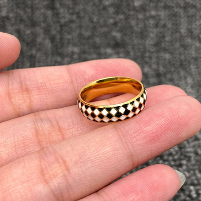 Enamel Black and White Grid 18K Gold Plated SS Ring