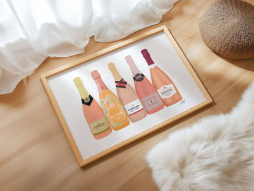 Pink bubbly champagne bottle print perfect for bar cart styling


