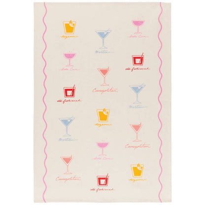 Cocktail-themed cotton dishtowel for bar or kitchen gift