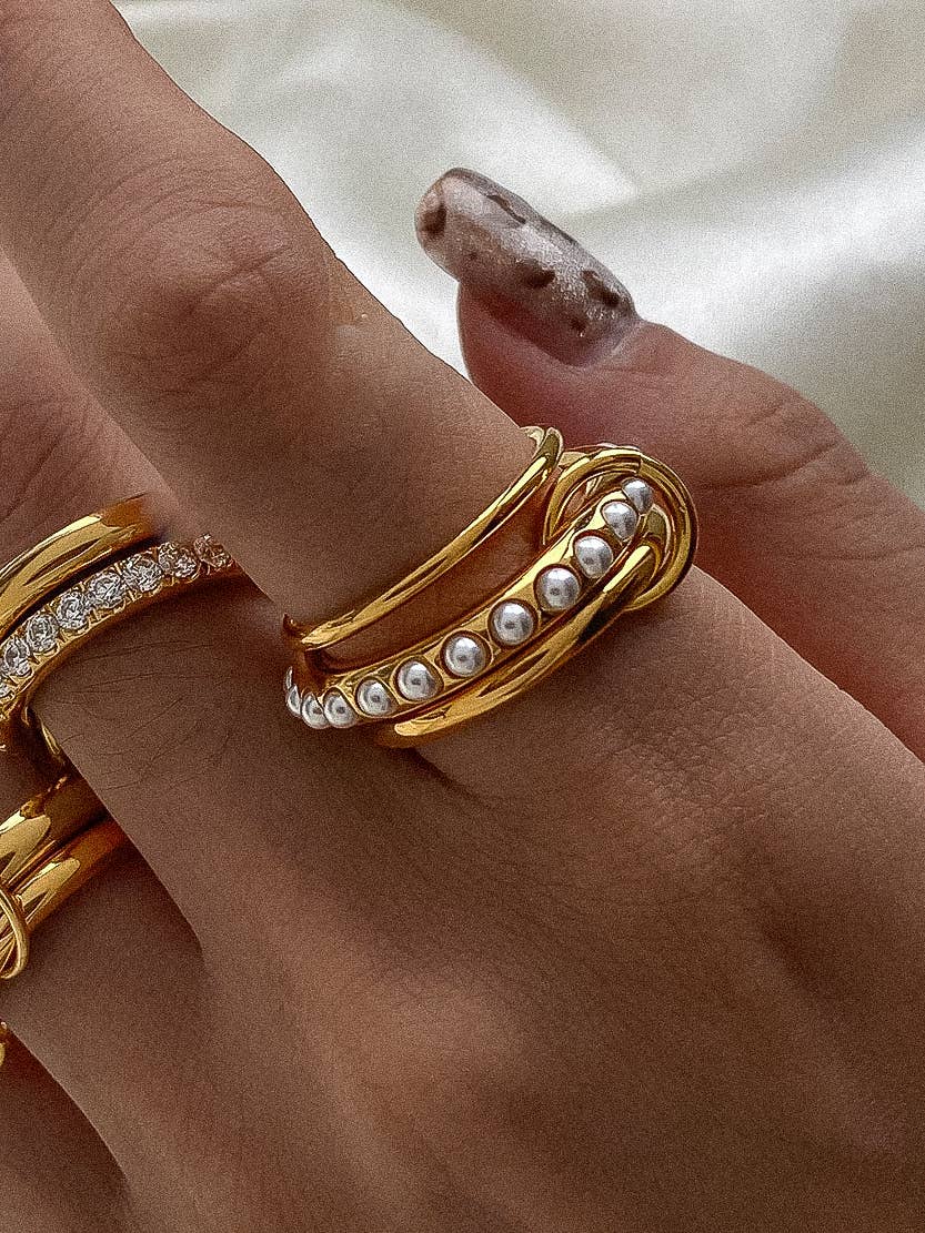 Danton 18K Yellow Gold Multi Stack Pearl Band Ring