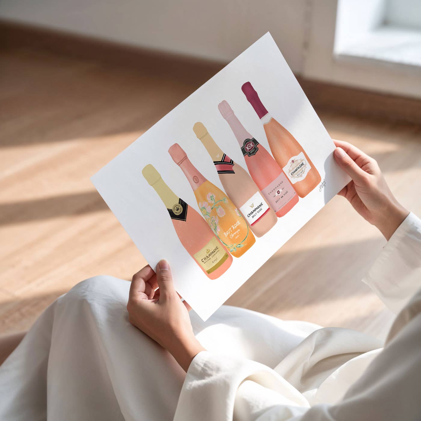 Hand drawn rosé bottles in pink art print for wine enthusiasts