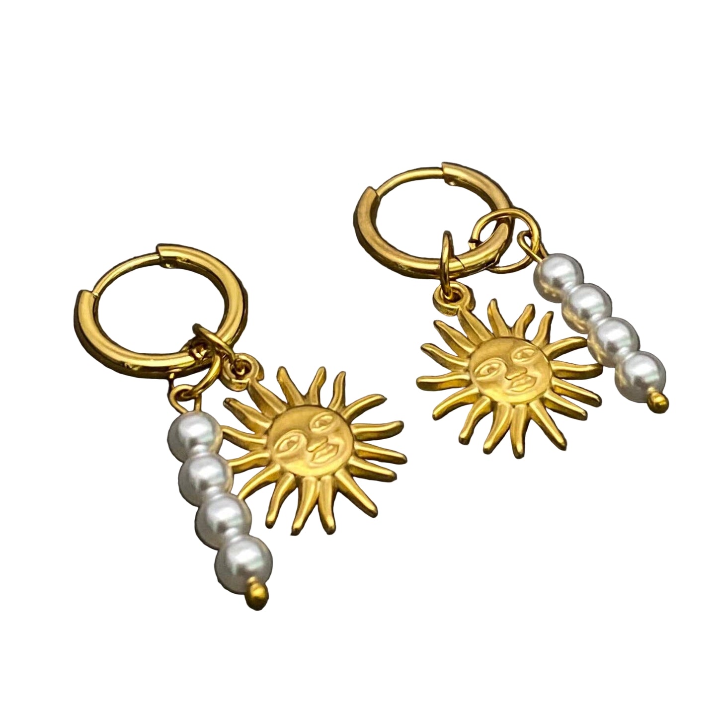 Pearl & 18K Gold Plated S.Steel Sun Huggie Earrings
