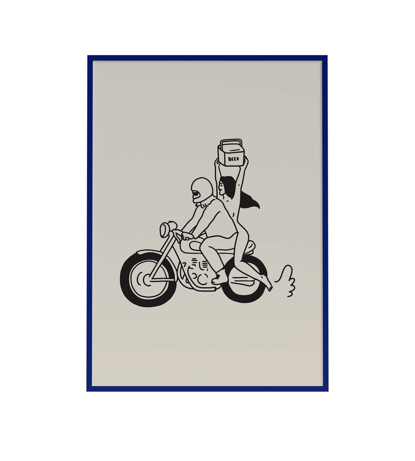 Beer run art print with retro motorcycle minimal line design