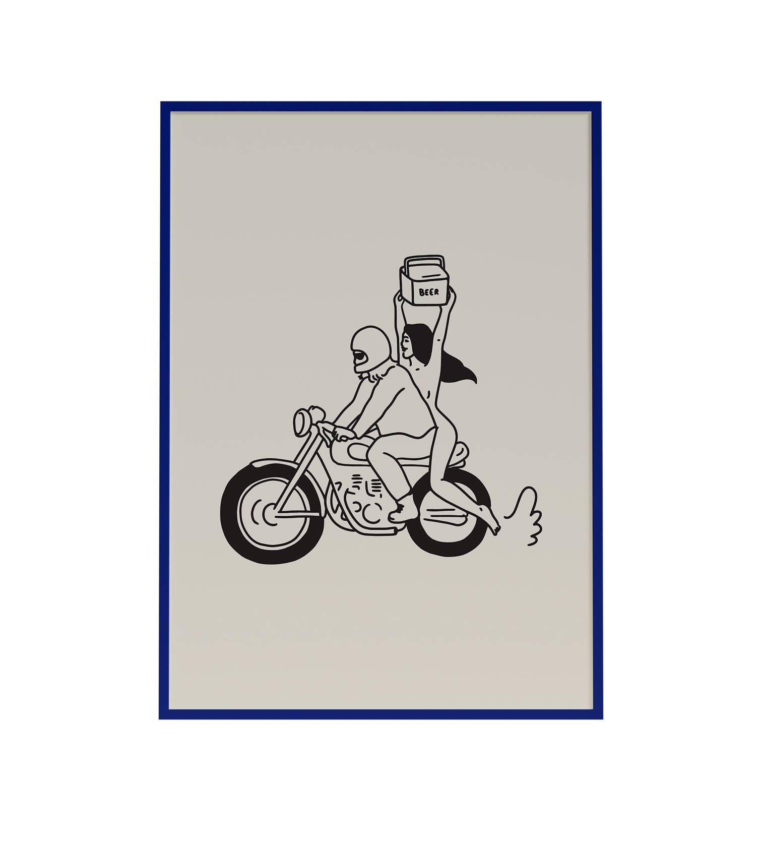 Beer run art print with retro motorcycle minimal line design